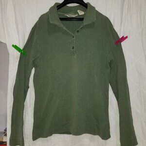 Eddie Bauer Sweater Womens Large Green 1/4 Button Warm Pullover 100% Cotton